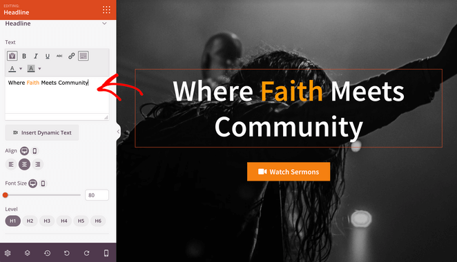 Customize church website headline