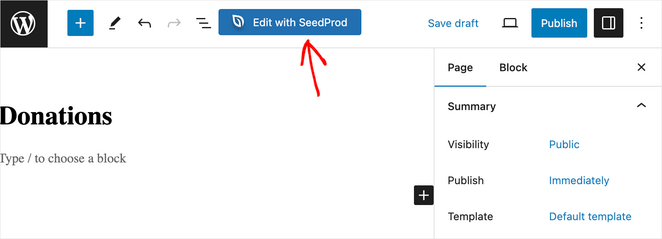 Edit donations page with SeedProd
