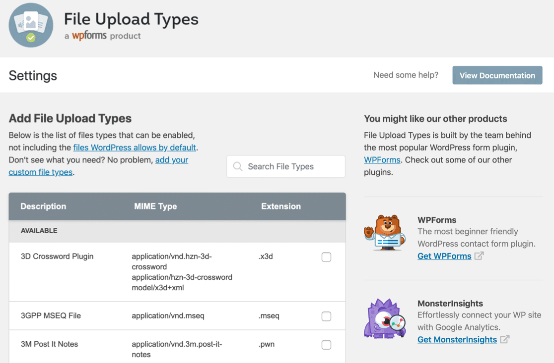 File Upload Types settings
