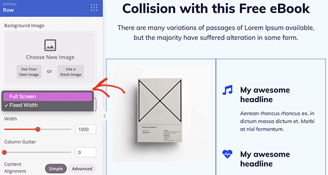 Screenshot showing how to make fixed width rows full width in SeedProd