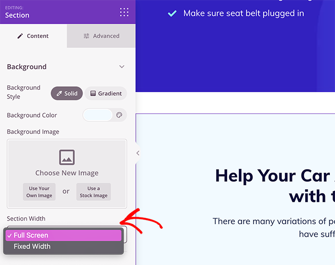 Screeenshot showing how to change a page section from fixed width to full screen in SeedProd