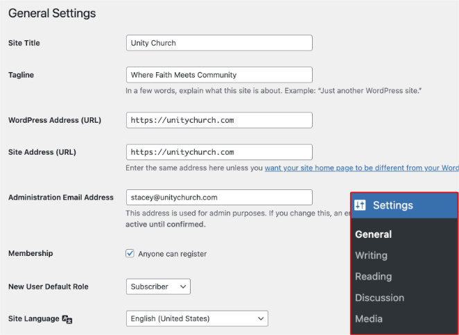 General WordPress settings