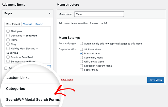 modal search form in WordPress menu
