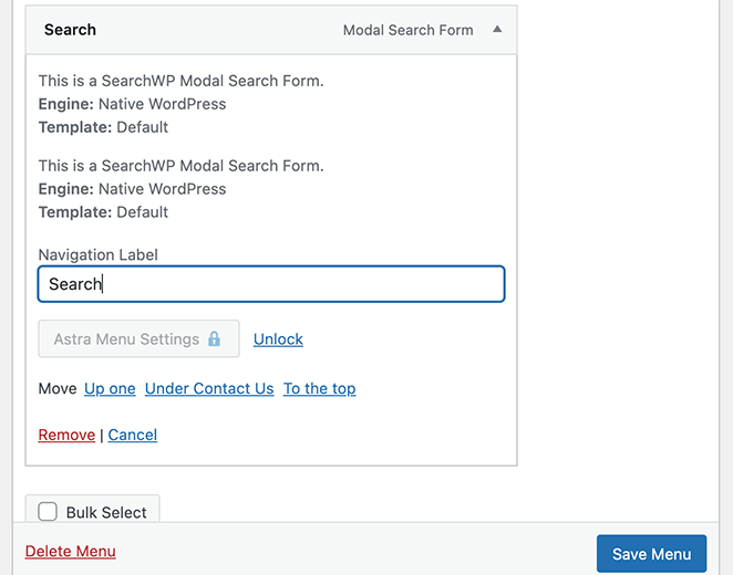 Customize modal search form navigation label