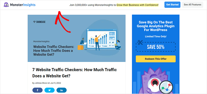 OptinMonster floating banner on MonsterInsights website