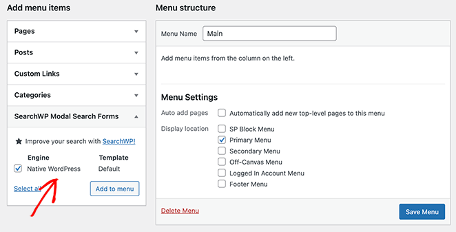 Native WordPress modal search form checkbox