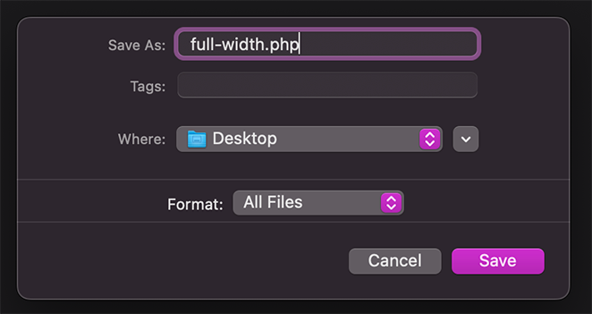 Screenshot showing how to save a custom full-width template file
