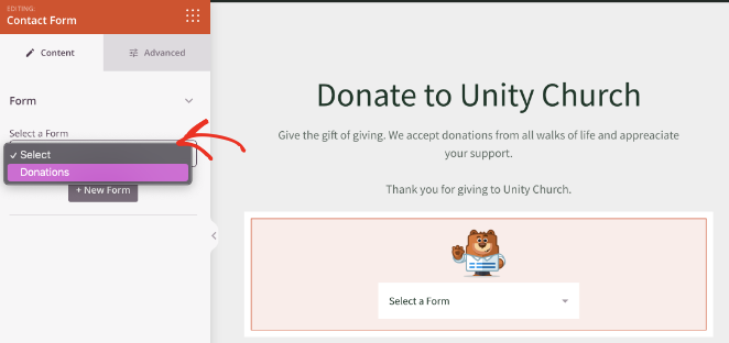 Select your WPForms donation form