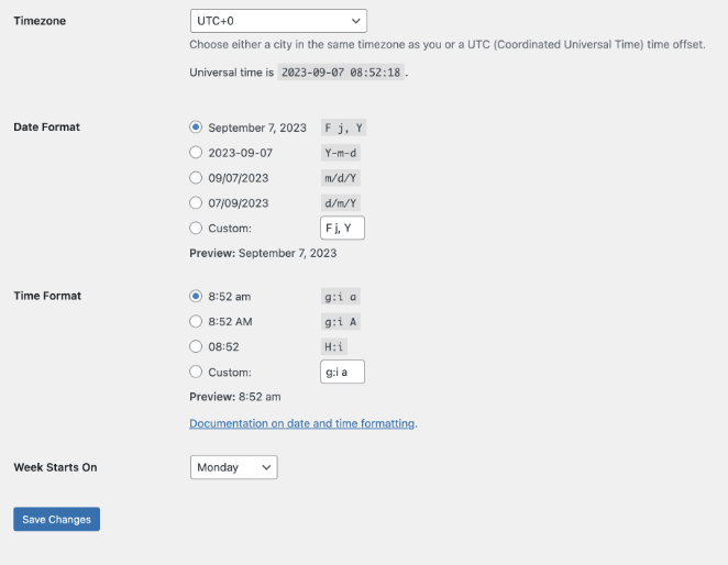 WordPress timezone and language settings