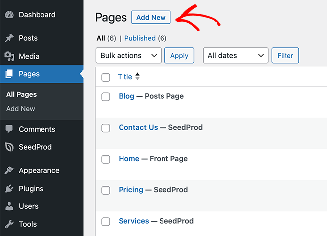 WordPress dashboard with a menu open, showing a list of pages. There is a red arrow pointing to the "Add New" button, indicating the user's attention to that option.