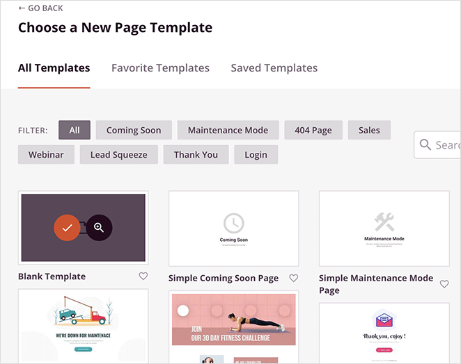 A screenshot of SeedProd's template library that includes options for choosing a new page template, searching, and viewing a blank template.
