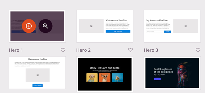 A collection of six different hero sections showing how to choose one by clicking the plus icon