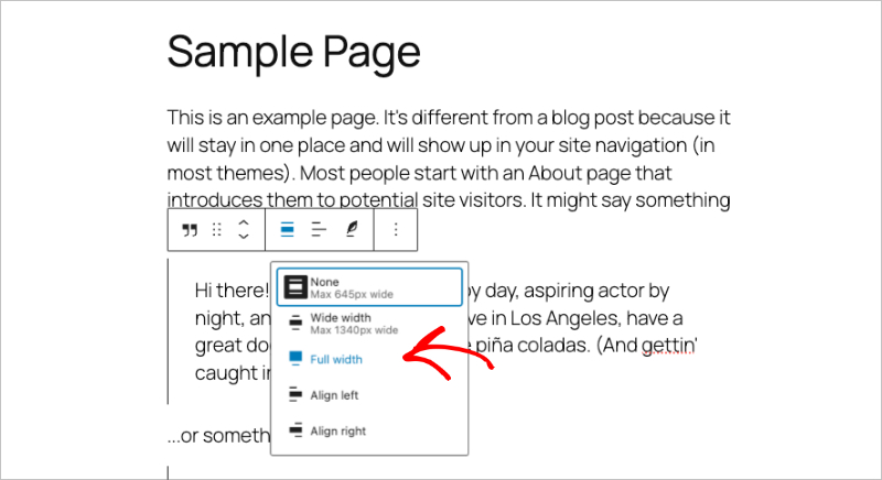 Block toolbar showing the Full Width alignment option 