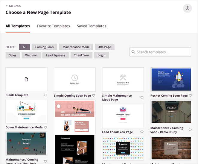 A screenshot of the SeedProd template library that allows users to choose a new page template. The page displays a variety of templates, including a blank template, maintenance mode, and a thank you page. The user can select their desired template and customize it to suit their needs.