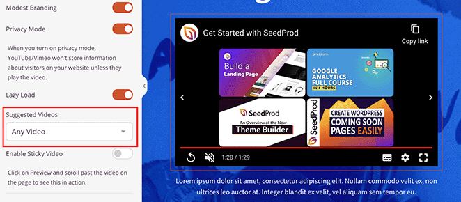 Paramètres vidéo suggérés dans le bloc vidéo popup de SeedProd