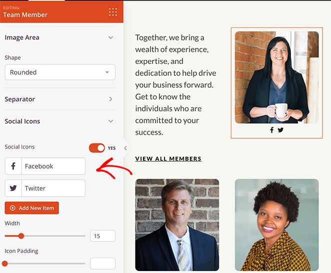 Add social media icons to the team member section on your about us page.
