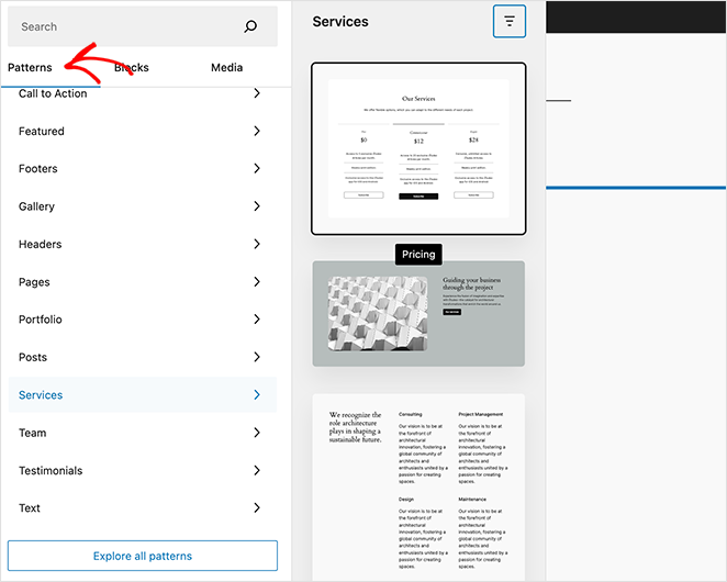 WordPress site editor patterns