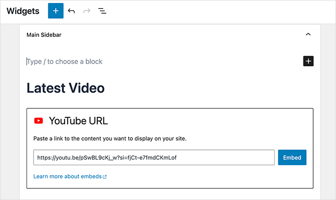 YouTube video embed widget in WordPress sidebar