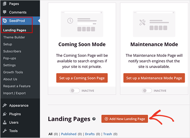 add new landing page SeedProd