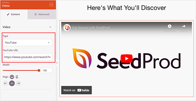 SeedProd video block settings