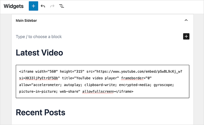 YouTube video embed code in Custom HTML block
