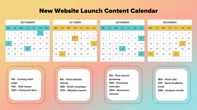 Exemple de calendrier de contenu pour le lancement d'un nouveau site web