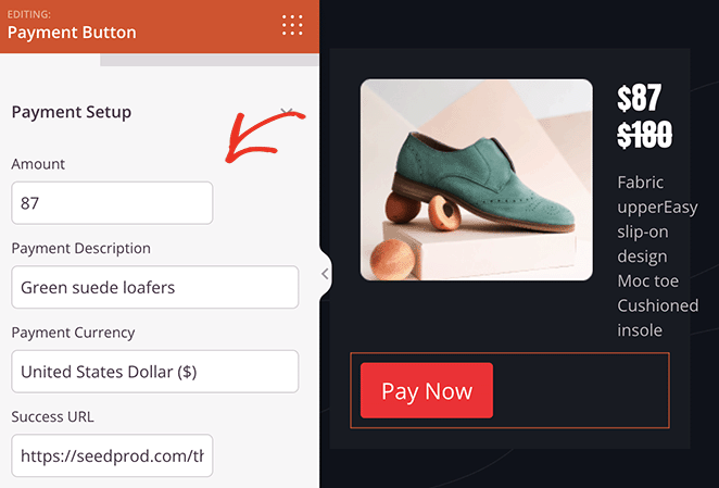 Stripe payment button settings