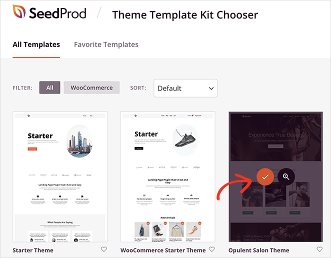 Choose a SeedProd website kit from the themes library