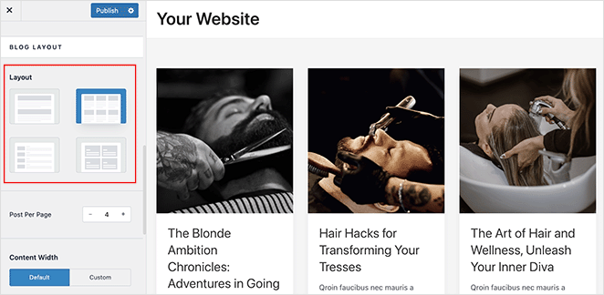Astra theme blog layout options in WordPress customizer