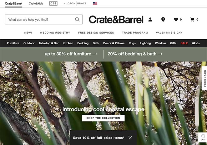 Crate & Barrel eCommerce types of websites