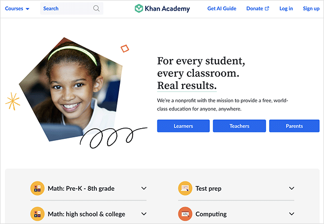 Educational types of websites from Khan Academy