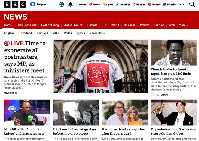 Exemple de site web d'information de BBC News