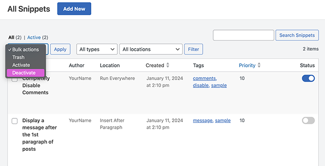 Deactivate code snippets in WPCode