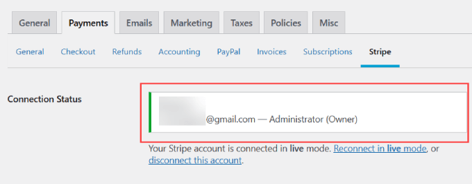 Stripe connection status in Easy Digital Downloads