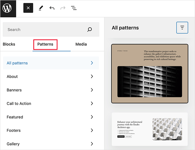 WordPress block editor patterns