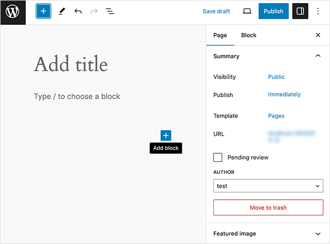 New WordPress page with block editor