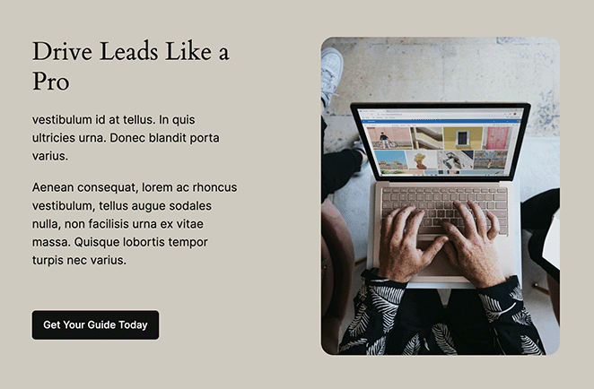WordPress-landing-page-with-block-editor - SeedProd Example of a finished landing page built with WordPress Block Editor showing simple layout