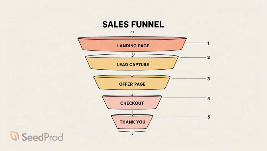 WordPress-sales-funnel - SeedProd SeedProd sales funnel diagram with five stages: Landing Page, Lead Capture, Offer Page, Checkout, and Thank You