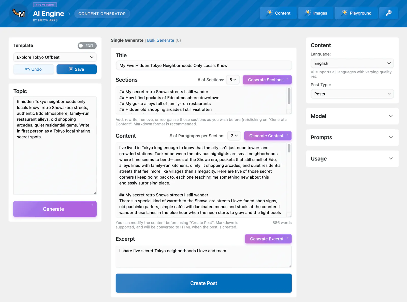 AI Engine content generation example in the WordPress editor