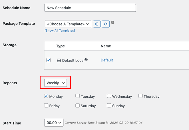 WordPress backup schedule settings