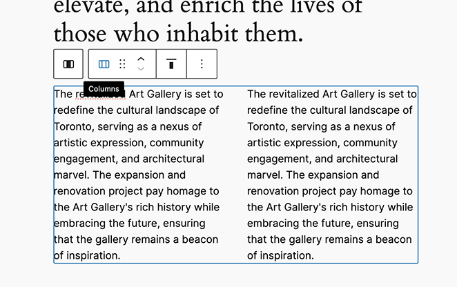 WordPress block editor column block