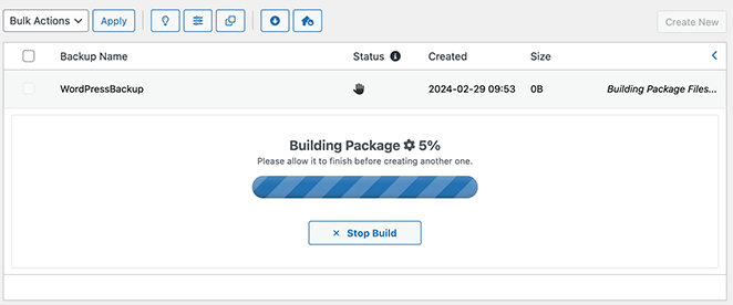 Duplicator building WordPress backup package