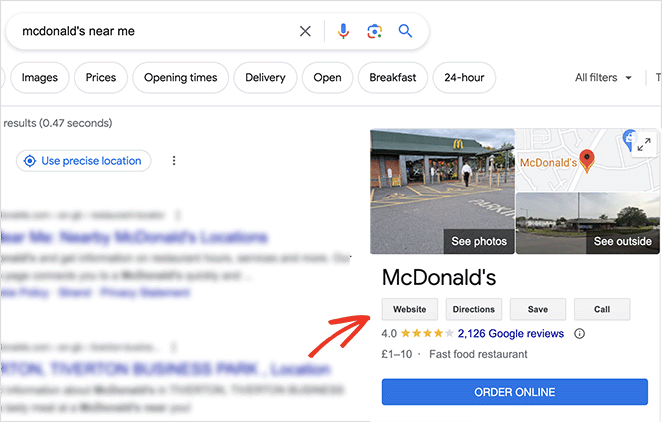 Business website in google local search
