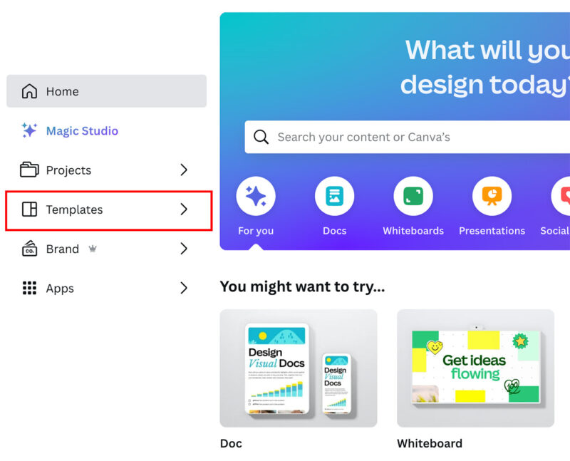 Log into Canva and choose the templates heading