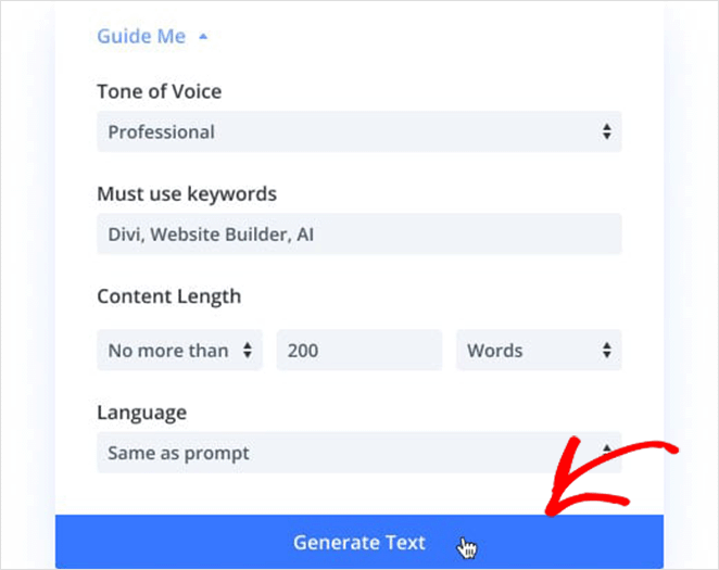 Divi AI generate text