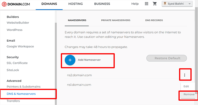 Change Domain name DNS and Nameservers