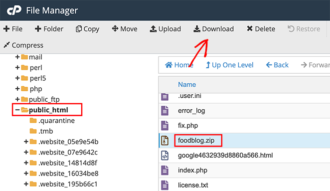Download compressed public_html file via cPanel;