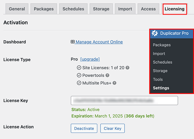 Duplicator Pro Licensing dashboard