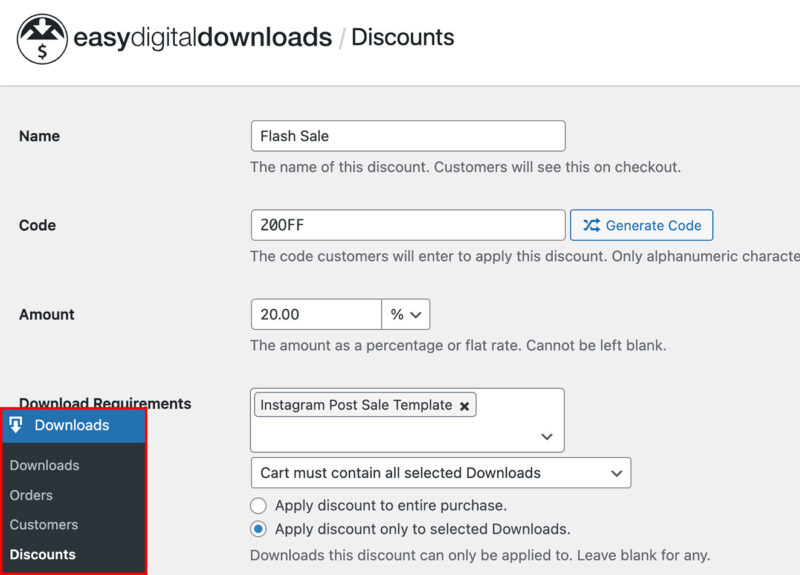Easy Digital Downloads product discount settings