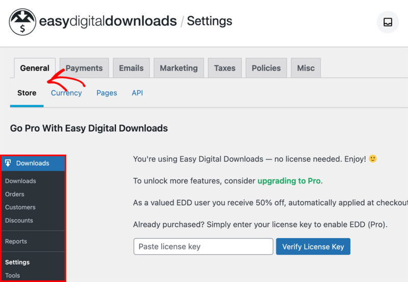 Configure store settings in Easy Digital Downloads
